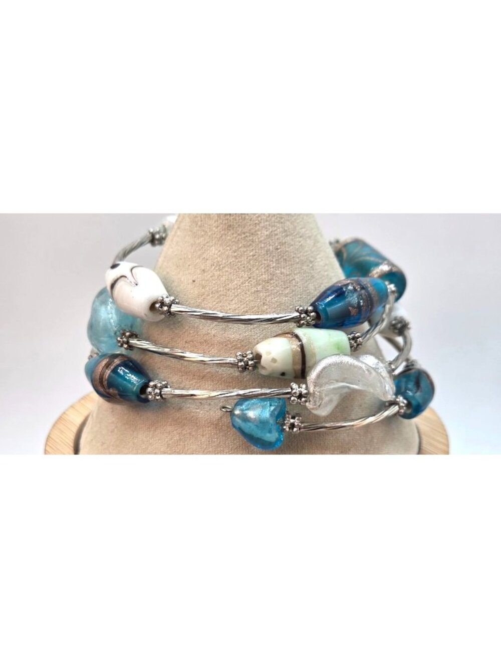 Adjustable Silver Wire Bracelet With Blue & White Glass Beads